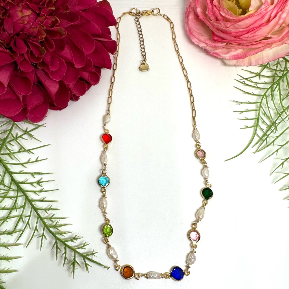 NEW⚜️Freshwater Pearl & Multicolor Crystal Beaded Necklace